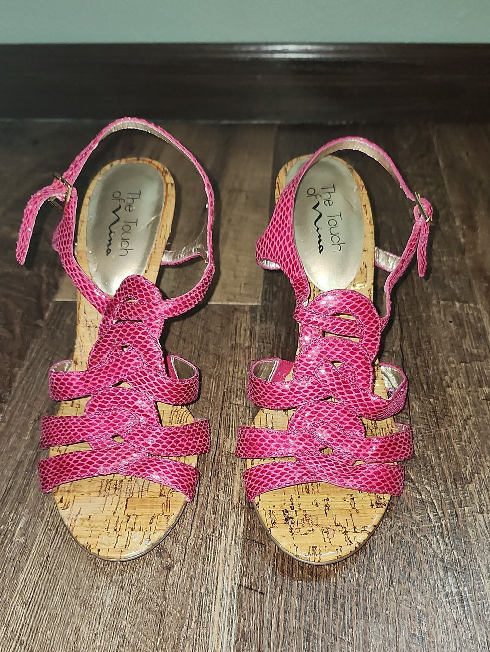 Touch of Nina Hot Pink Strappy Cork Wedge Sandals